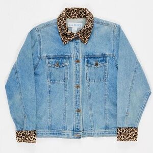Vintage Y2K LA Blues Jean Jacket with Cheetah Print Collar and Arm Cuffs